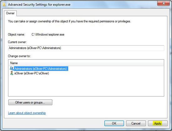 Explorer.exe assign ownership to administrator