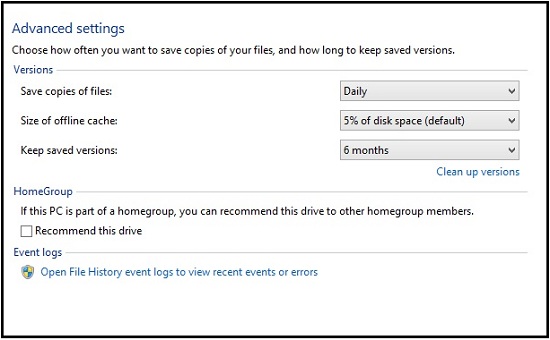 file history advanced settings
