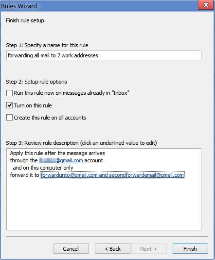 Final step - give the rule a name and choose whether to forward the emails that already exist