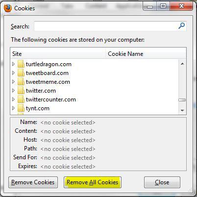 Firefox Remove all cookies on Windows 7