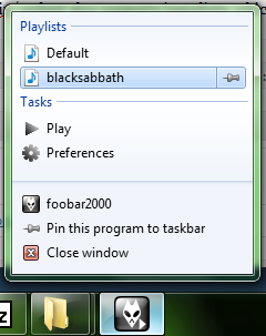 Foobar Windows 7 Taskbar Jumplist