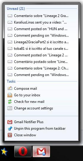 Gmail Widget Windows 7 Jumplist