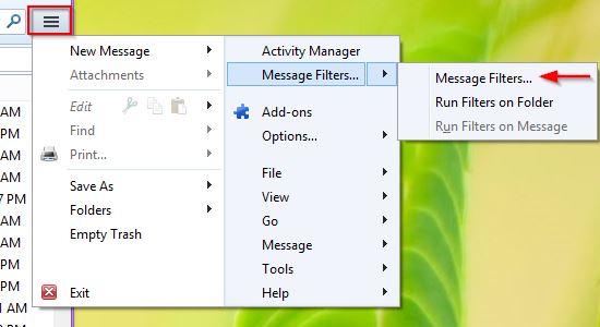 Go to the Options menu and click on Message Filters