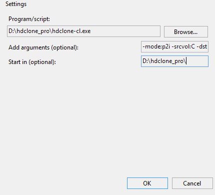 HDClone automatic backup settings and arguments