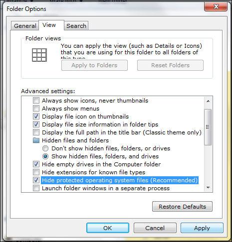 Hide protected operating system files