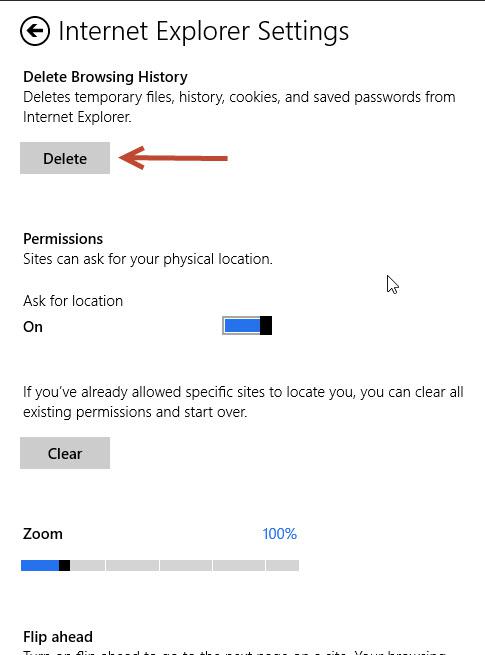 Delete browsing history in IE 10