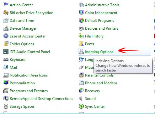 Indexing Options Control Panel