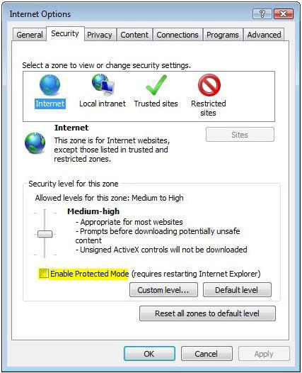 Internet Explorer Disable Protected Mode