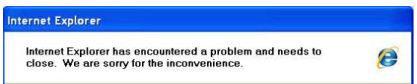 Internet explorer has encountered a problem and needs to close