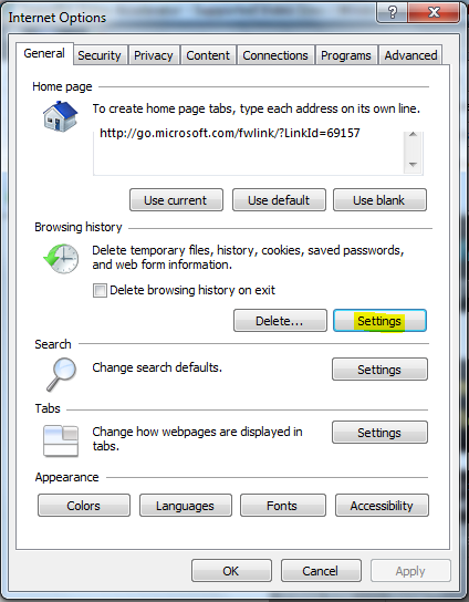 Internet Explorer Settings Windows 7