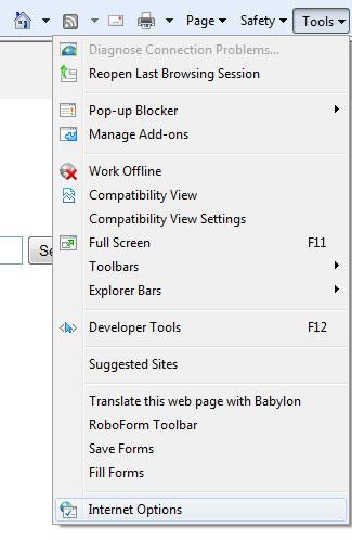Internet Explorer: Tools - Internet Options