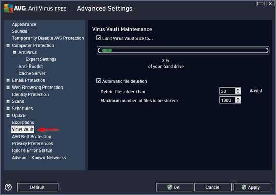 Limit virus vault size in AVG