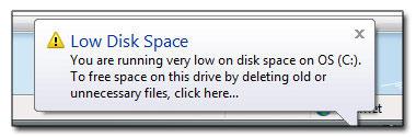 Low Disk Space Warning Windows 7