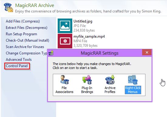 MagicRAR's Control Panel has more settings to adjust