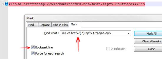 Mark bookmark lines noteplad plus plus