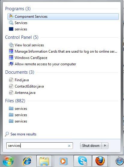 Start Menu showing Services