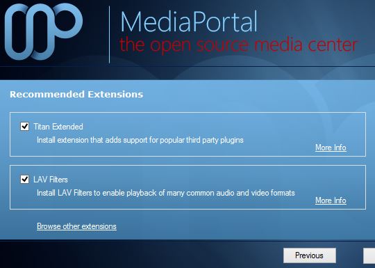 Extensions page MediaPortal Install