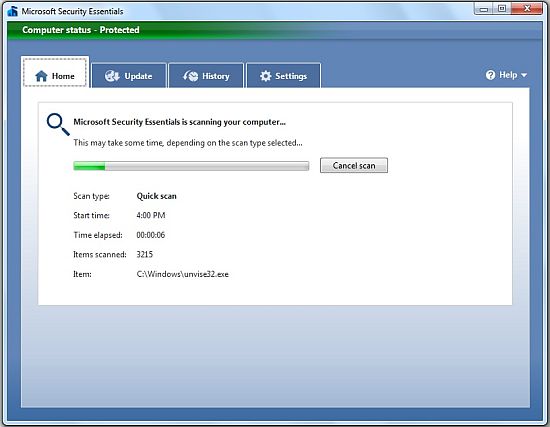 microsoft security essentials quick scan