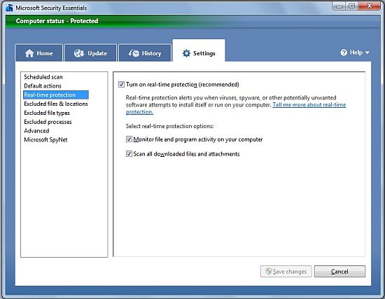 microsoft security essentials real time protection