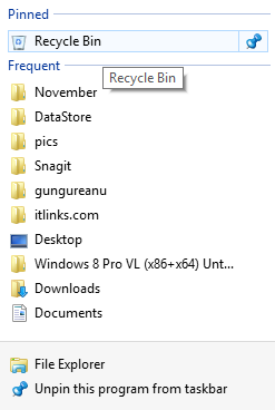 Pinned Recycle Bin to Taskbar