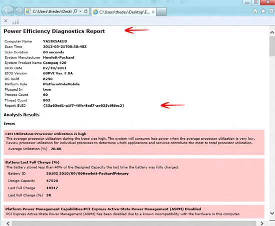 Power diagnostics report