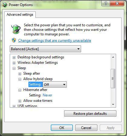 Power options Windows 7: Disable Hybrid Sleep