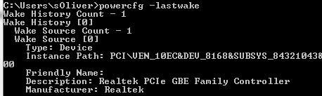 powercfg lastwake/>
<p>Now you should see what device is waking up the PC right away. In this case it says “Realtek PCIe GBE Family Controller”, which means the network adapter is waking it up by itself
<p><strong class=