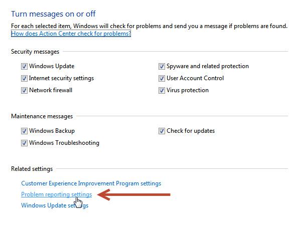 Click problem reporting settings