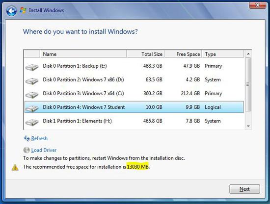 recommended space for Windows 7