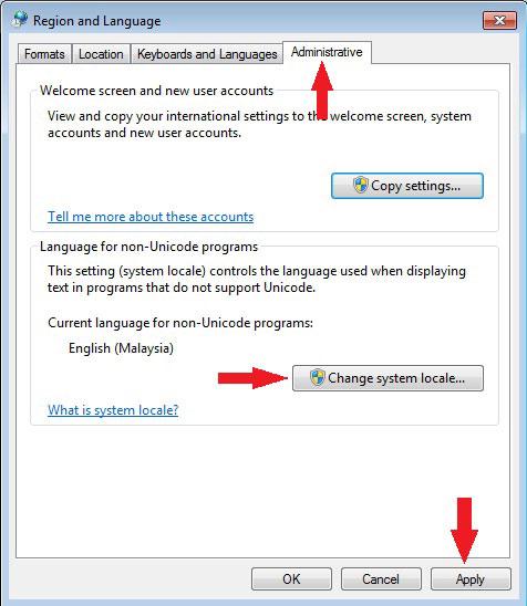 Click on the Administrative tab in the Region and Language panel.