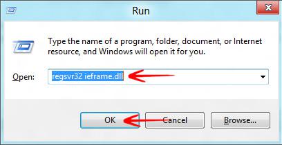 Register the IEframe.dll file by opening up Run and typing in the command