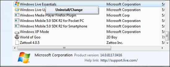 Remove Windows Live Messenger from Windows 7