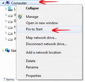 Right click Computer and select Pin to start