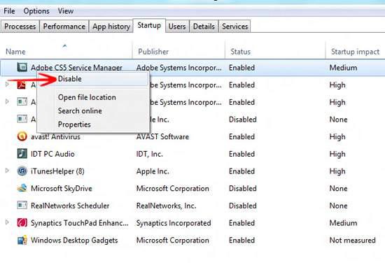 Right click and disable programs in startup menu