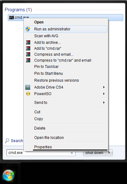 Run CMD.EXE as administrator in Windows 7