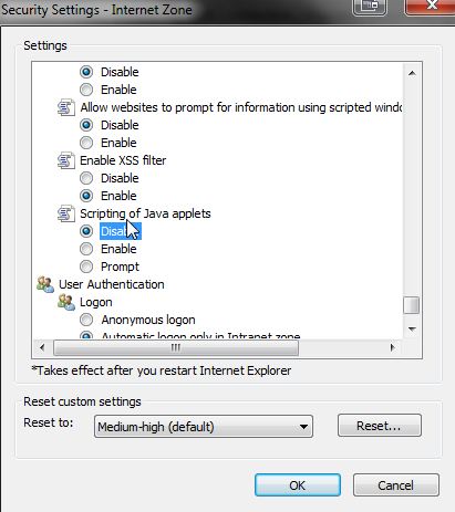 Scripting Of Java Applets Disable