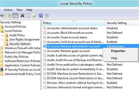 Security options rename admin