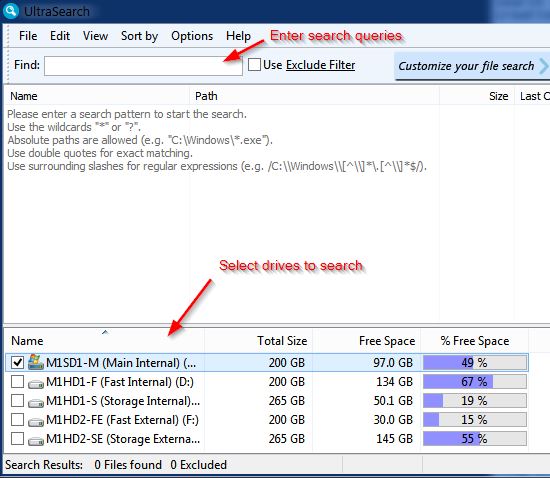 Select the drives to search and enter the search queries