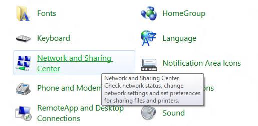 Select network and sharing center in Control Panel