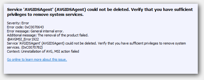 Service Avgidsagent Could Not Be Deleted Verify That You Have Sufficient Privileges To Remove System Services.png