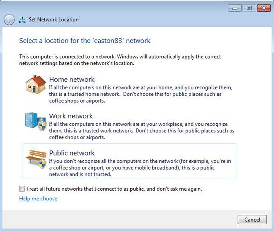 Choose a network type for your connection