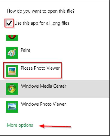 Setting Picasa as default viewer from within Windows