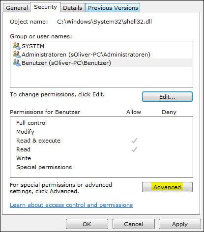 Shell32.dll advanced permissions