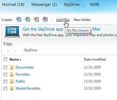 SkyDrive Add files Option