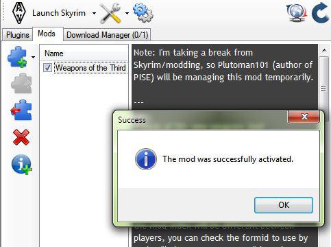 Skyrim mod successfully activated
