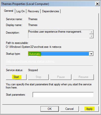 Start Windows 7 Themes Service