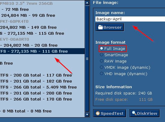 Select destination drive/partition and give the backup image a name