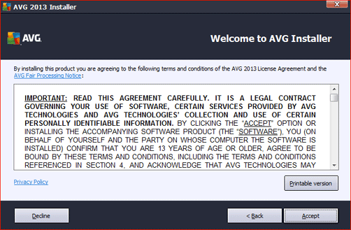 AVG 2013 Install License Agreement
