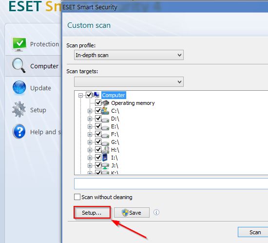 Click on Setup for advanced scanning options