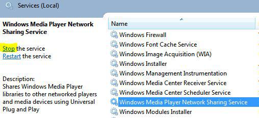 Stop Windows Media Player Network sharing service